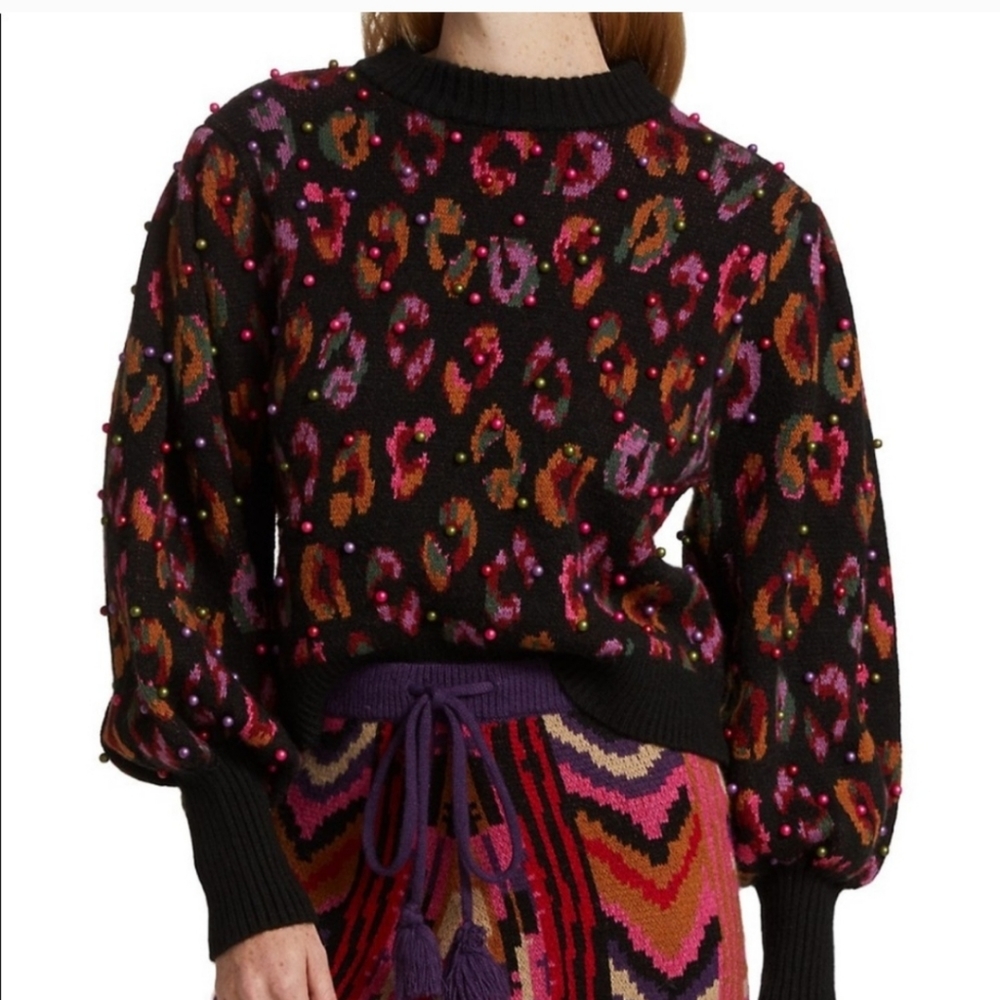 Farm Rio Black Ikat Beaded Leopard Sweater M